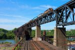 W&LE, Wheeling and Lake Erie 3068-6349-7375, leads a eastbound loaded ore train on the Speers bridge over the Monongahela River, Belle Vernon, Pennsylvania. June 3, 2011. 